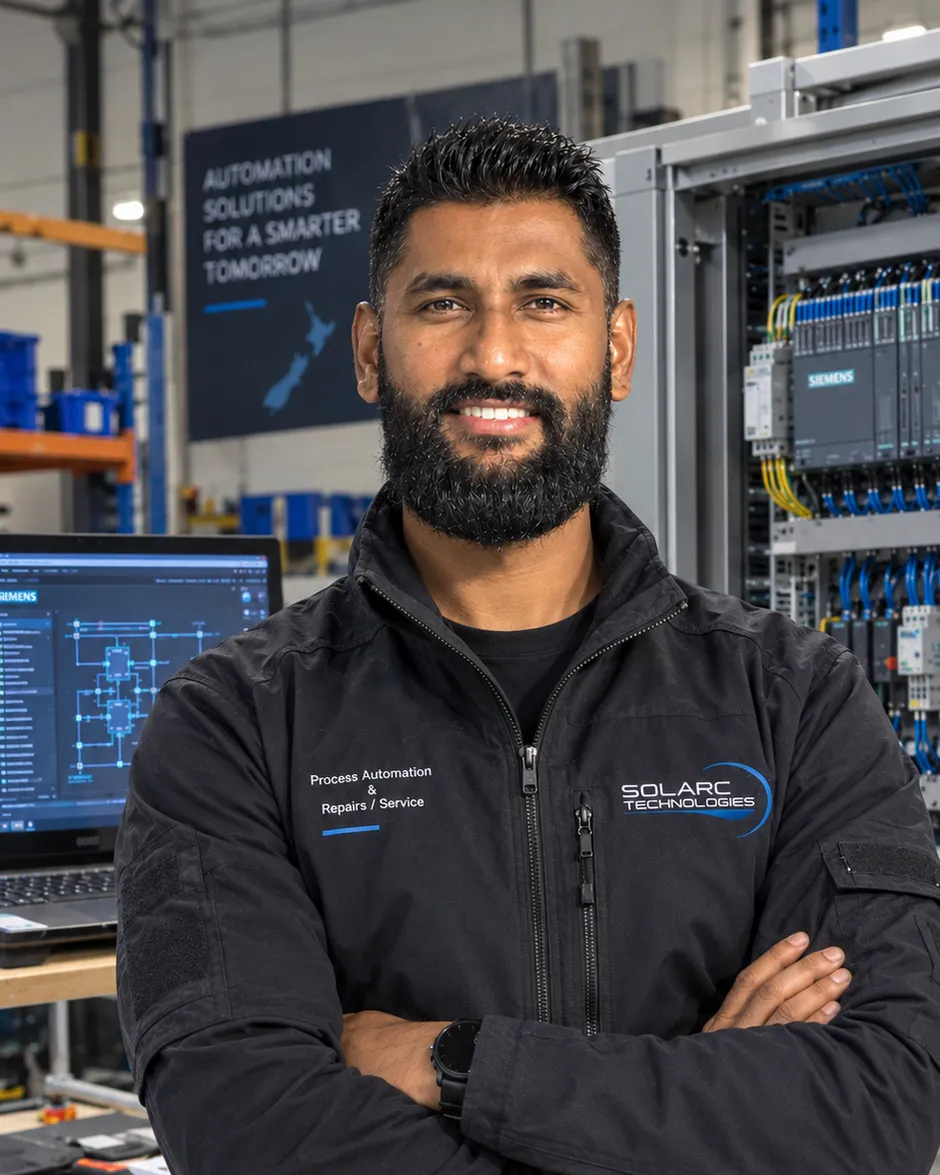A Solarc engineer in a black company jacket, arms crossed, beside an open control cabinet and a workbench.